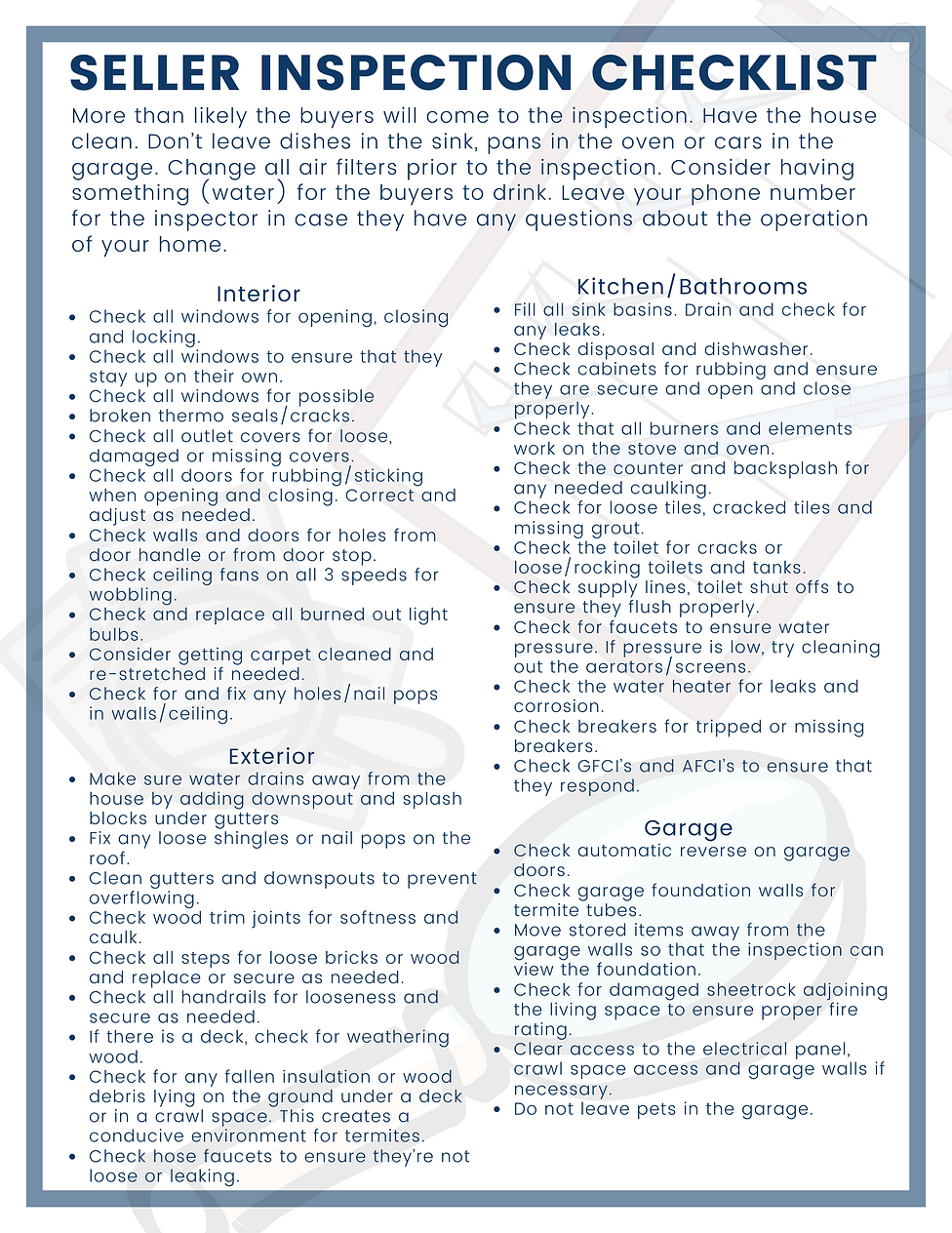 Seller Inspection Checklist Sterling Realty